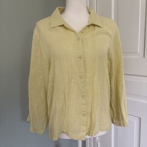 Eileen Fisher Size Medium 100% Irish Linen Yellow Button-Up Long Sleeve Shirt